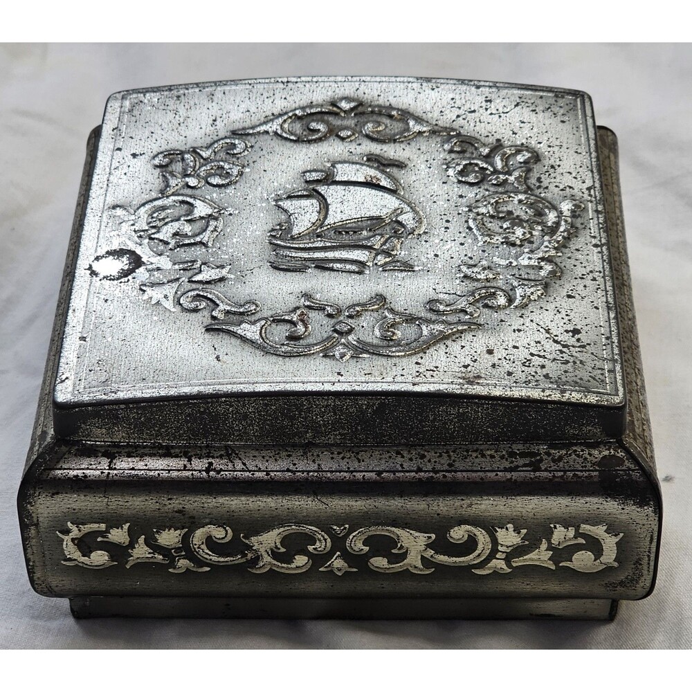 Vintage RARE Ornate Metal Trinket Box–Western Germany Sailing Ship & Scrollwork
